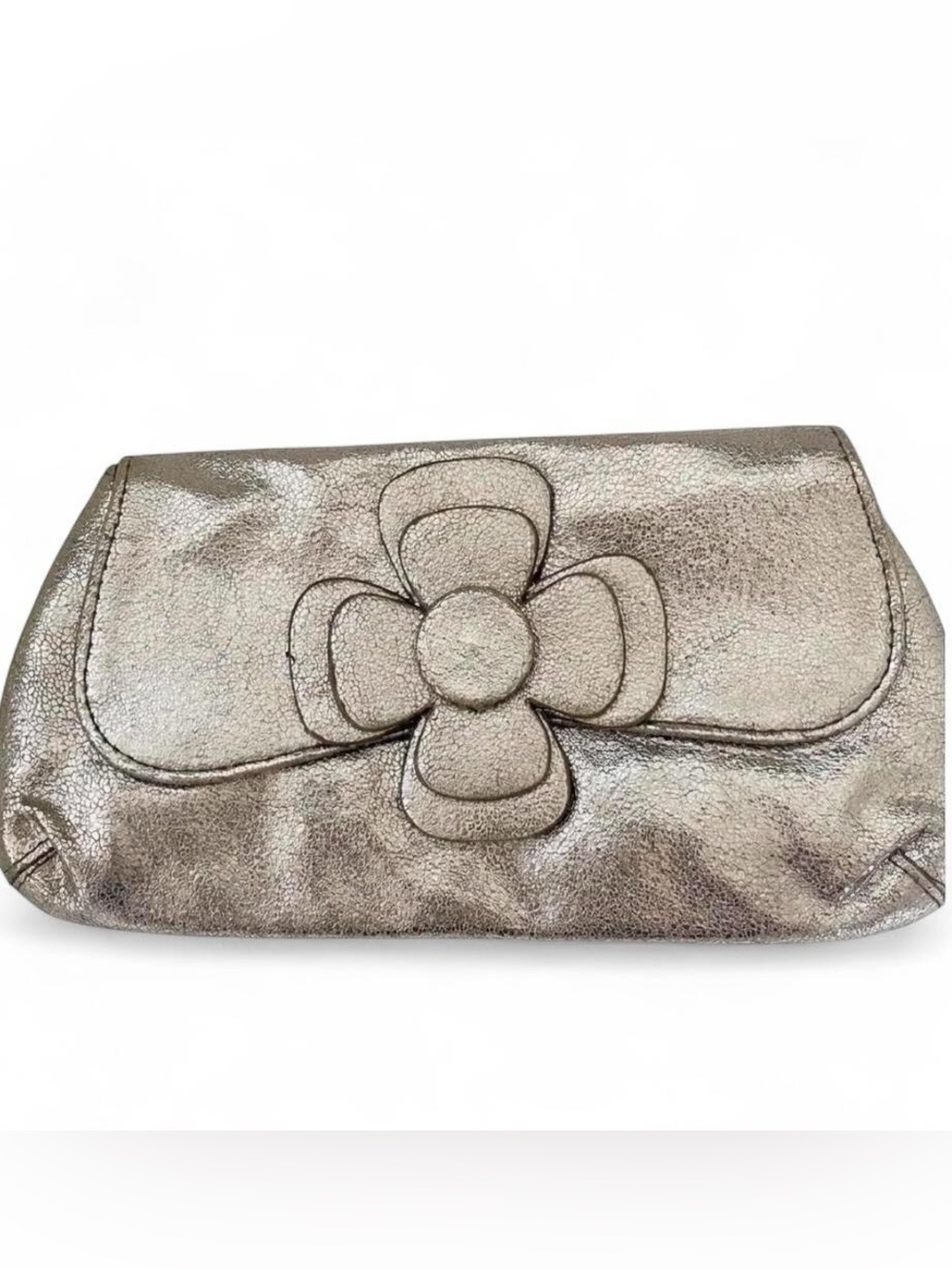 NWT Metallic Silver Clutch Bag with Floral Accent